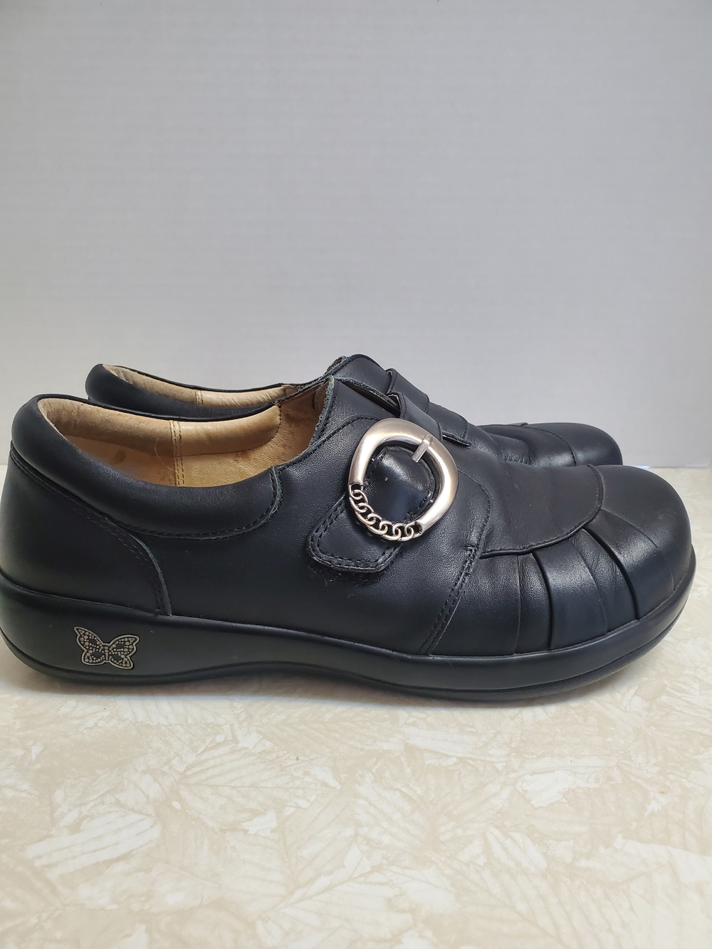 ALEGRIA Khloe Women's Black Slip-On Loafer with Decorative Silver Buckle